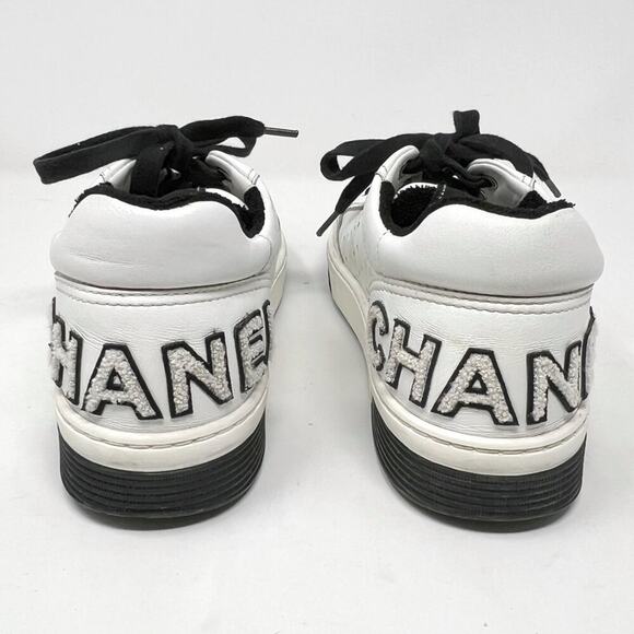 Chanel Logo Perforated Leather Sneakers White Black Lace-Up EU 38 - Picture 5 of 9